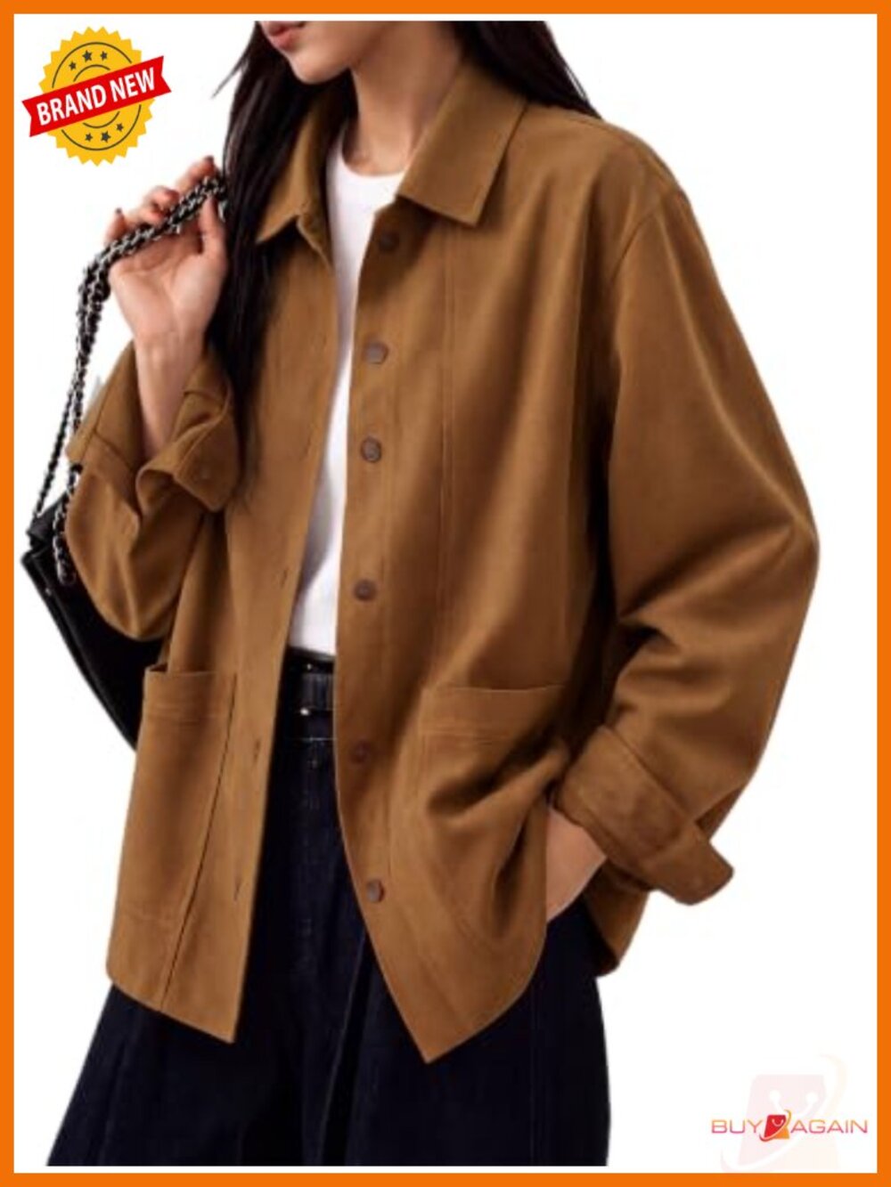 Faux Suede Jacket Long Sleeve Oversized Button Utility Pockets Fall Coat